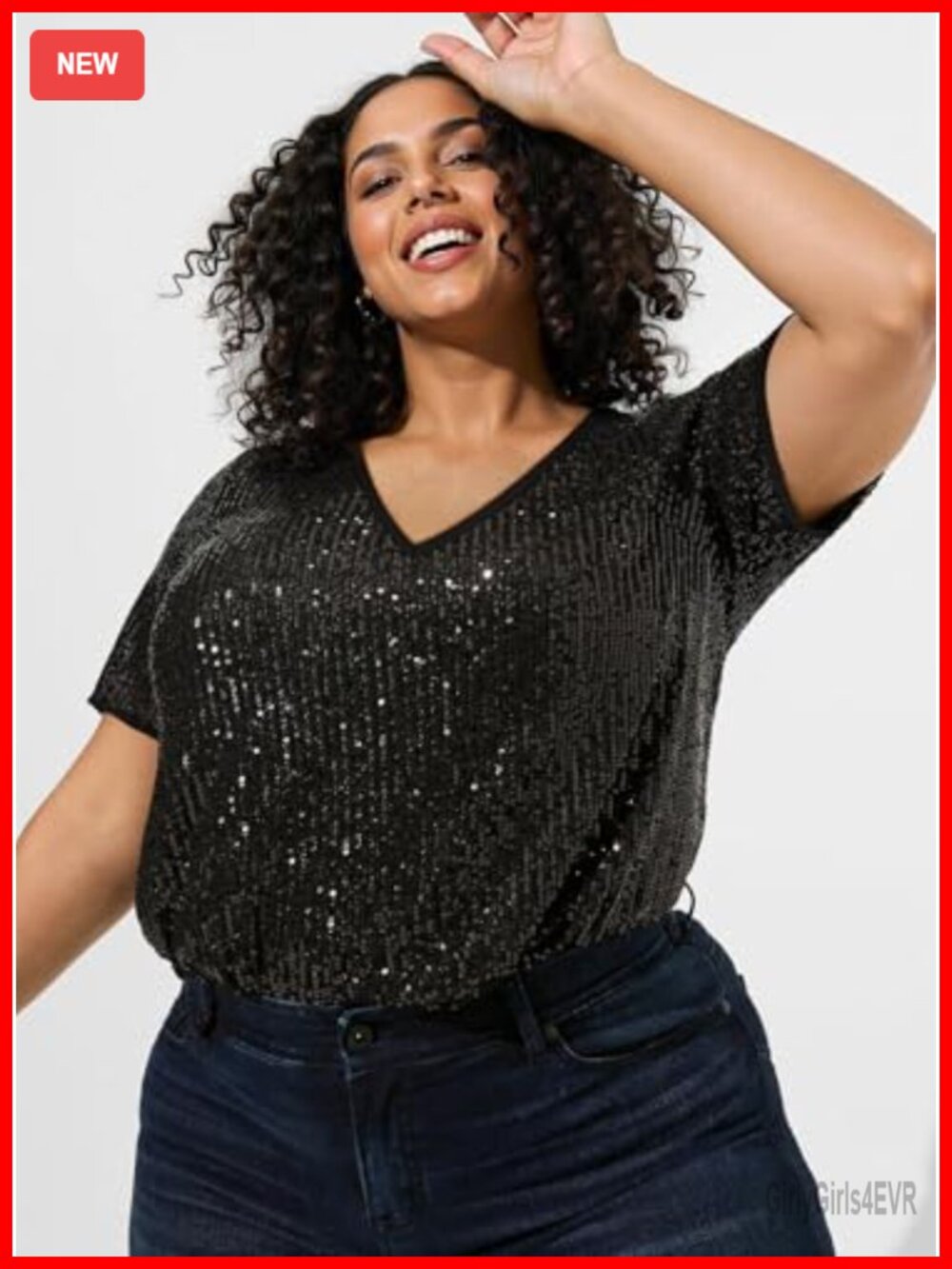Plus Size Sequin Tunic Short Sleeve V-Neck Party Sparkly Top - Picture 2 of 6